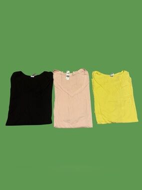 Set of Three Original American Apparel V-Neck T-Shirts Lemon Yellow Pink Black
